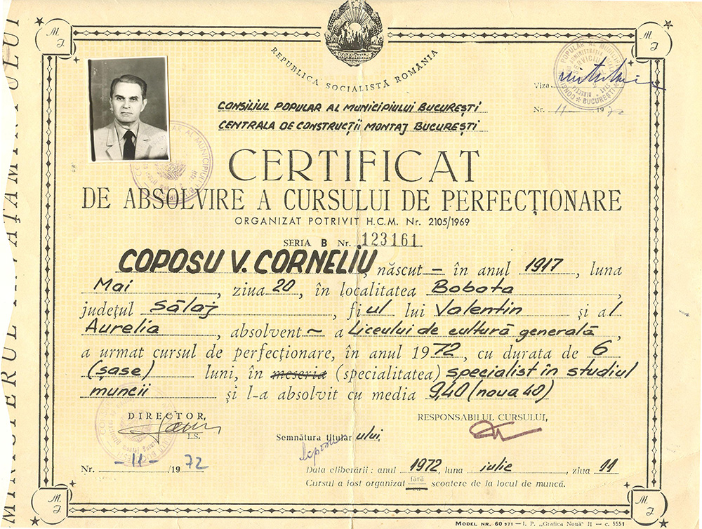 Certificat de Absolvire a Cursului de Perfecționare - specialist în studiul muncii - 11 iulie 1972