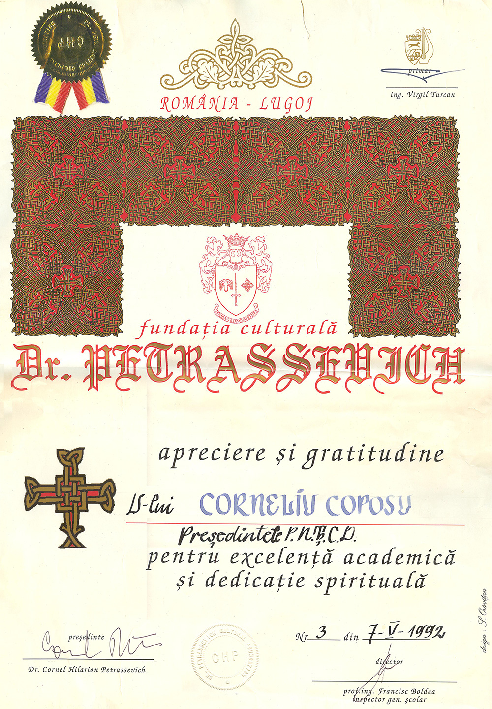 Diplomă Fundația Culturală Dr. Petrassevich - 7-V-1992