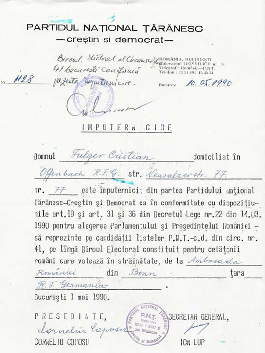 Împuternicire Fulger Cristian reprezentant candidaţi la Bonn 10-05-1990