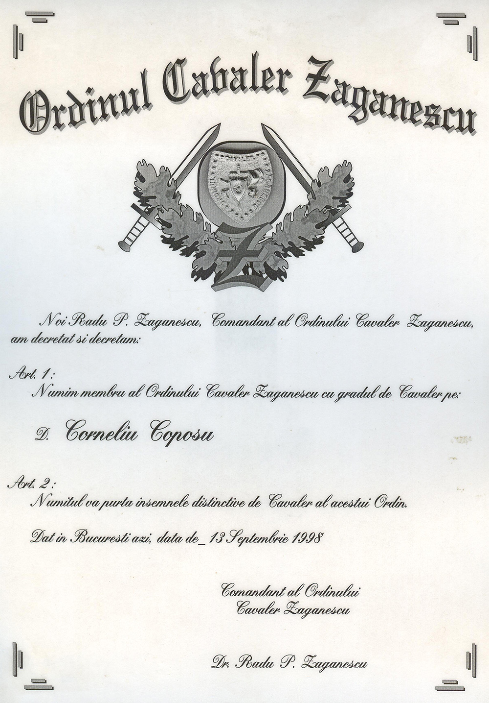 Ordinul Cavaler Zaganescu - 13 septembrie 1998