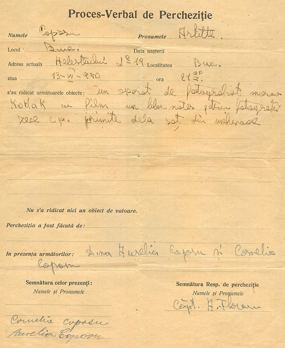 Proces verbal de percheziție - Arlette Coposu - 13-VI-1950