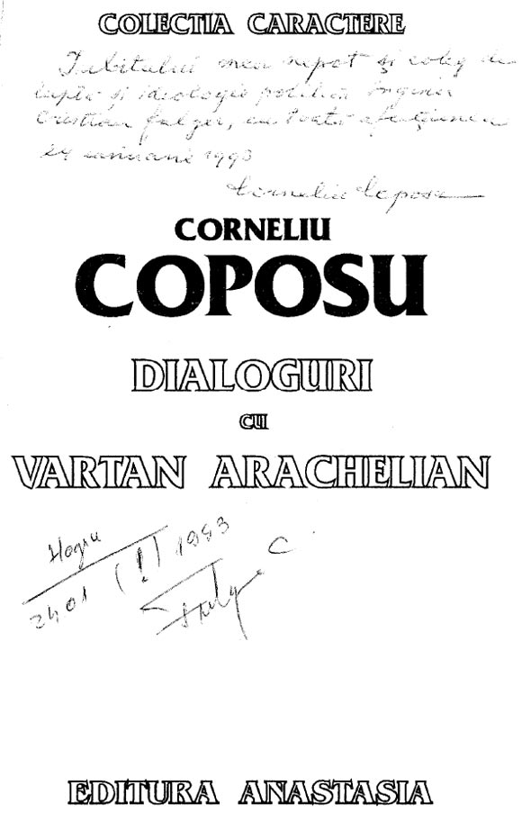 Dedicaţie `Dialoguri cu Vartan Arachelian`, Corneliu Coposu