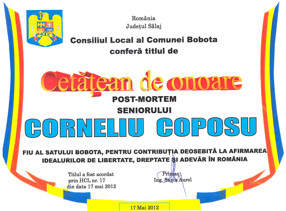 Corneliu Coposu - Cetăţean de Onoare al comunei Bobota - Diplomă