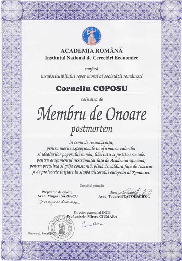 Diplomă - Corneliu Coposu, membru de onoare al Academiei Române