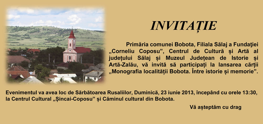 Invitatie lansare carte Monografia localitatii Bobota.Intre istorie si memorie