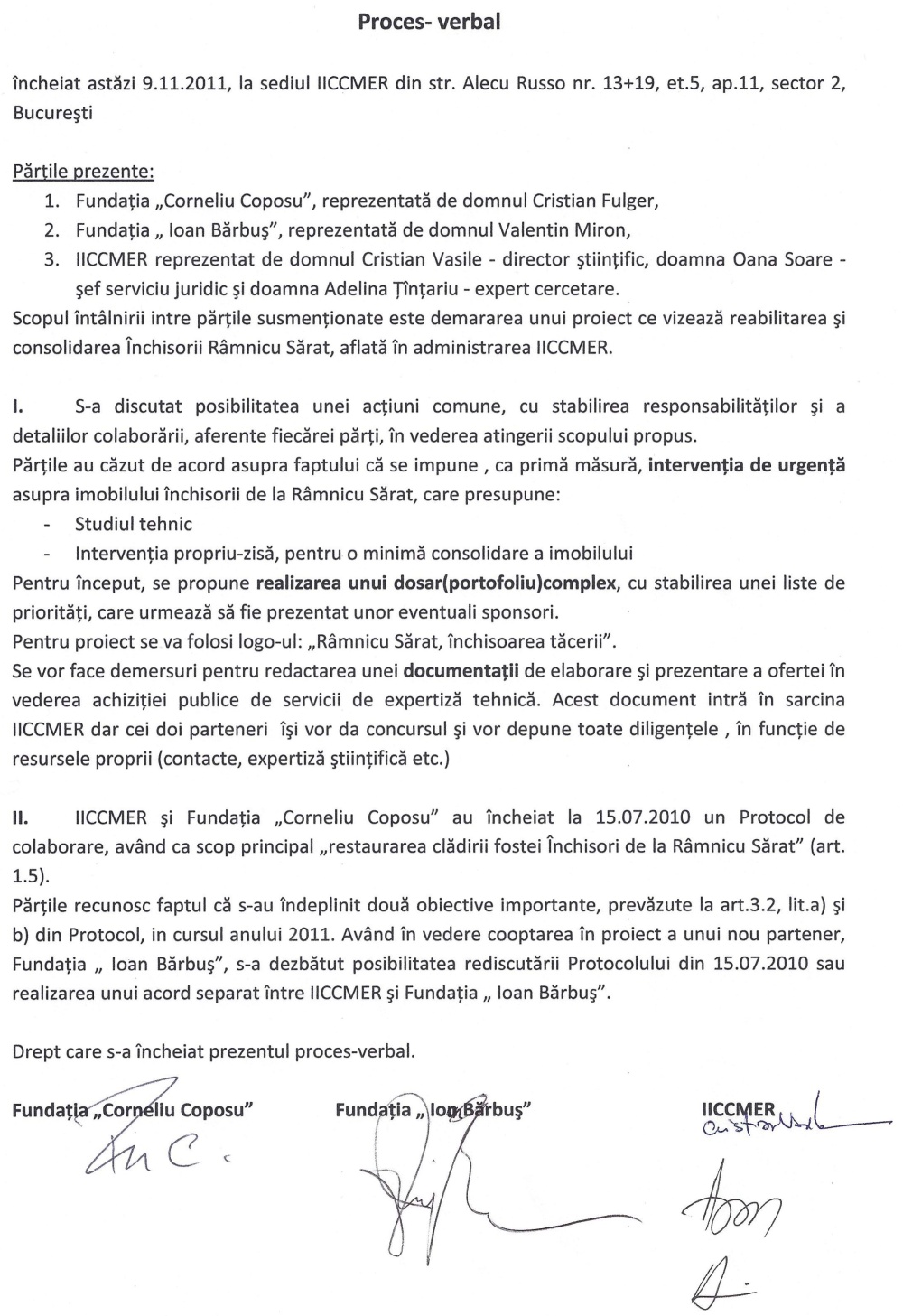 Proces verbal, 9.11.2011 - Fundația Corneliu Coposu, Fundația Ioan Bărbuș, IICCMER