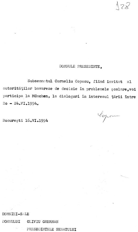 Corneliu Coposu către Ovidiu Gherman, preşedinte Senat - 16.VI.1994