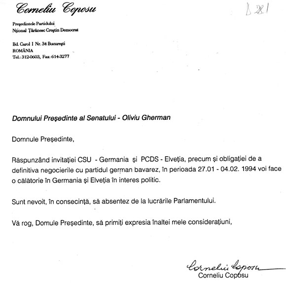 Corneliu Coposu către Ovidiu Gherman, preşedinte Senat - I.1994