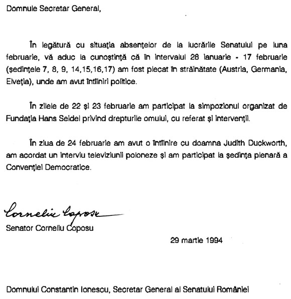 Corneliu Coposu către Constantin Ionescu, secretar general Senat - 29 martie 1994