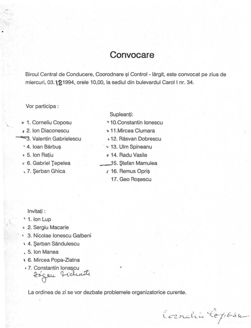Convocare: Biroul de Conducere, Coordonare şi Control - lărgit - 03.12.1994