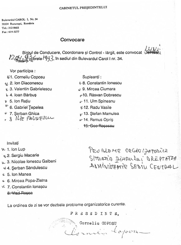 Convocare: Şedinţa Biroului de Conducere, Coordonare şi Control a PNŢCD - 12.04.1993