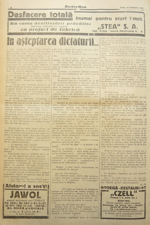 În aşteptarea dictaturii... - România Nouă, 19 noiembrie 1935