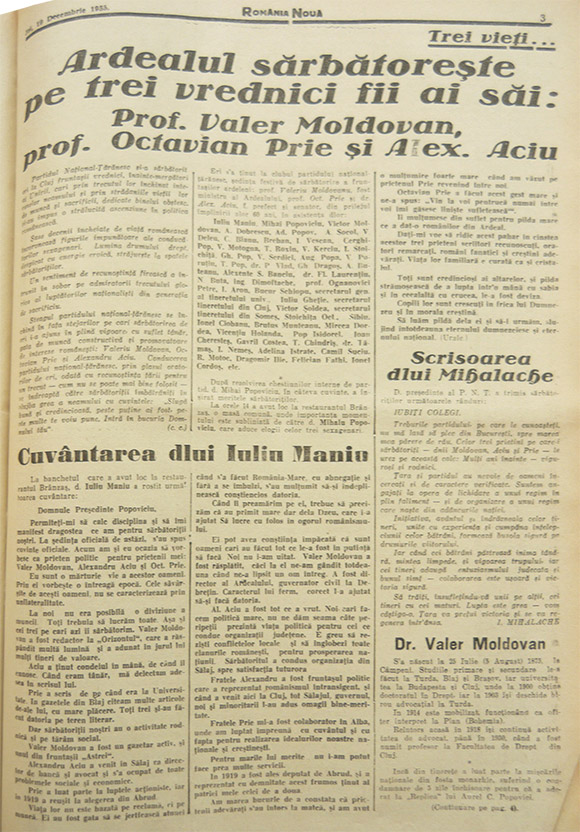 Ardealul sărbătoreşte pe trei vrednici fii ai săi: Prof. Valer Moldovan, prof. Octavian Prie şi Alex. Aciu - România Nouă, 19 decembrie 1935