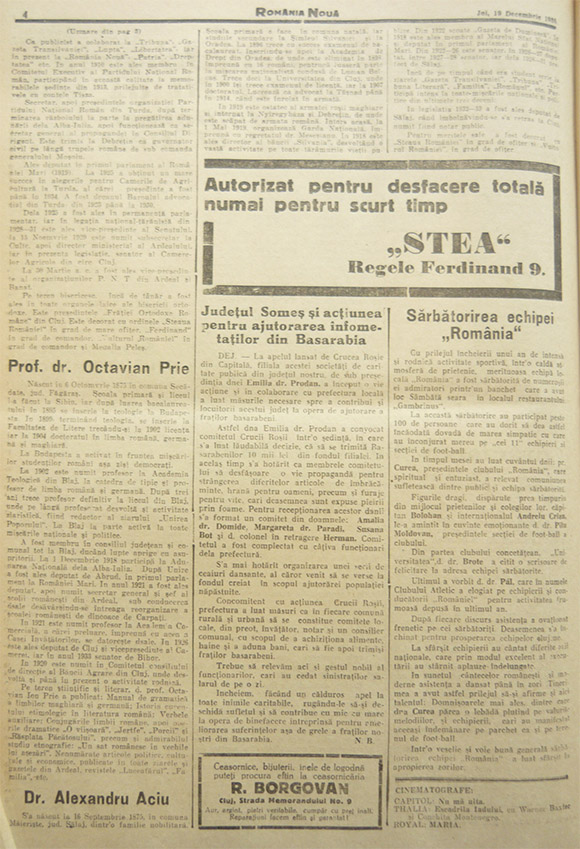 Ardealul sărbătoreşte pe trei vrednici fii ai săi: Prof. Valer Moldovan, prof. Octavian Prie şi Alex. Aciu - România Nouă, 19 decembrie 1935