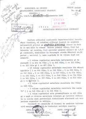 Notă dosar urmărire informativă - 10 noiembrie 1986