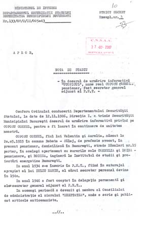 Notă de stadiu - dosar de urmărire informativă - 21-12-1986 pagina 1
