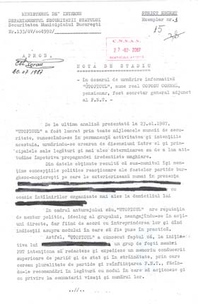 Notă de stadiu - dosar de urmărire informativă - 1987 pagina 1