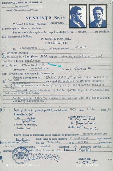 Sentinţa 876 a Tribunalului Militar Teritorial Bucureşti - 16 iulie 1955