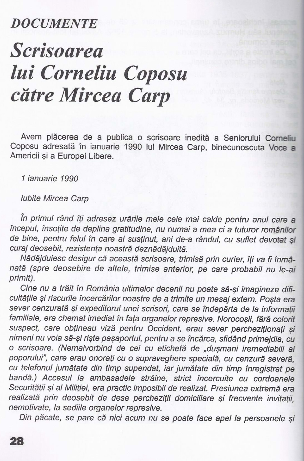 Scrisoarea lui Corneliu Coposu catre Mircea Carp