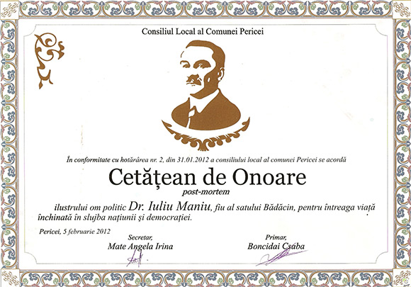 Diploma Cetatean de Onoare - Iuliu Maniu