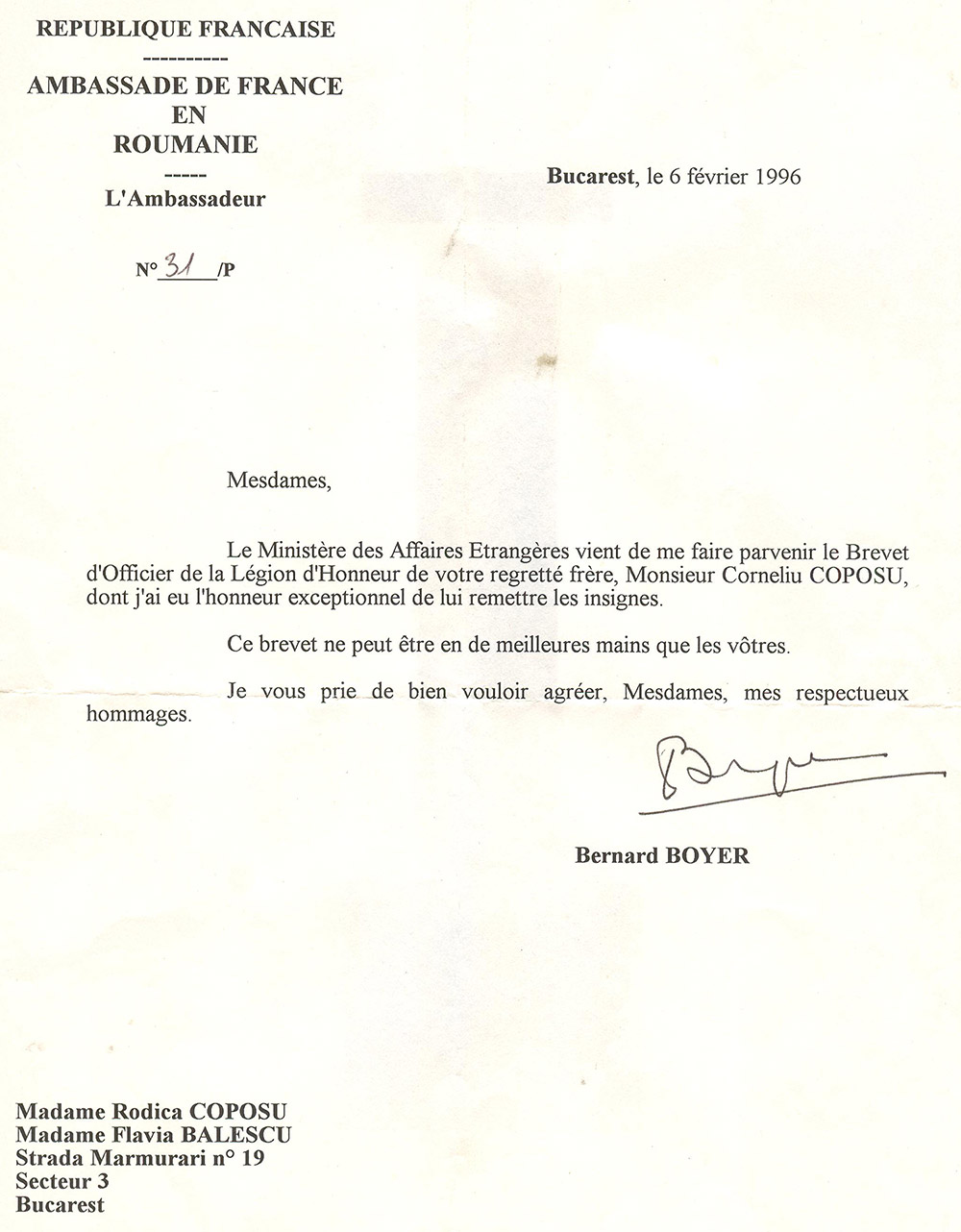 Bernard Boyer, Ambasade de France en Roumanie - Madame Rodica Coposu, Madame Flavia Balescu - 6 fevrier 1996