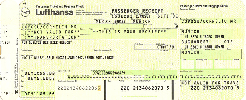 Bilet avion Lufthansa Munich București 16 decembrie 1993