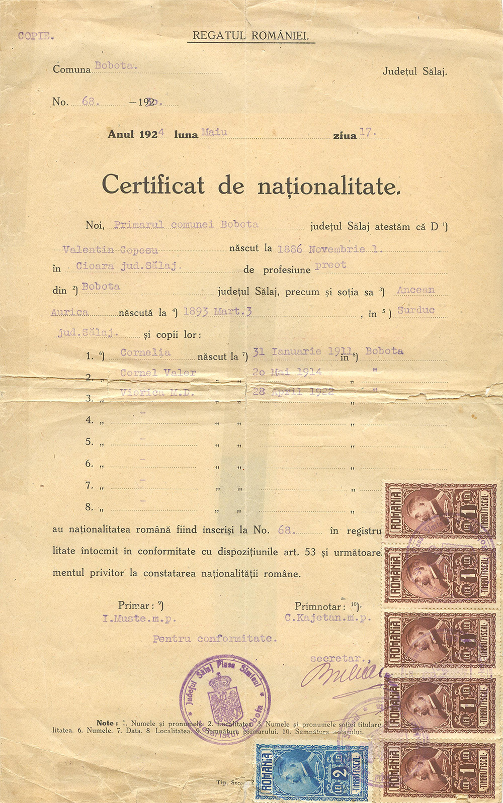 Certificat de naționalitate familia Coposu - 17 mai 1924