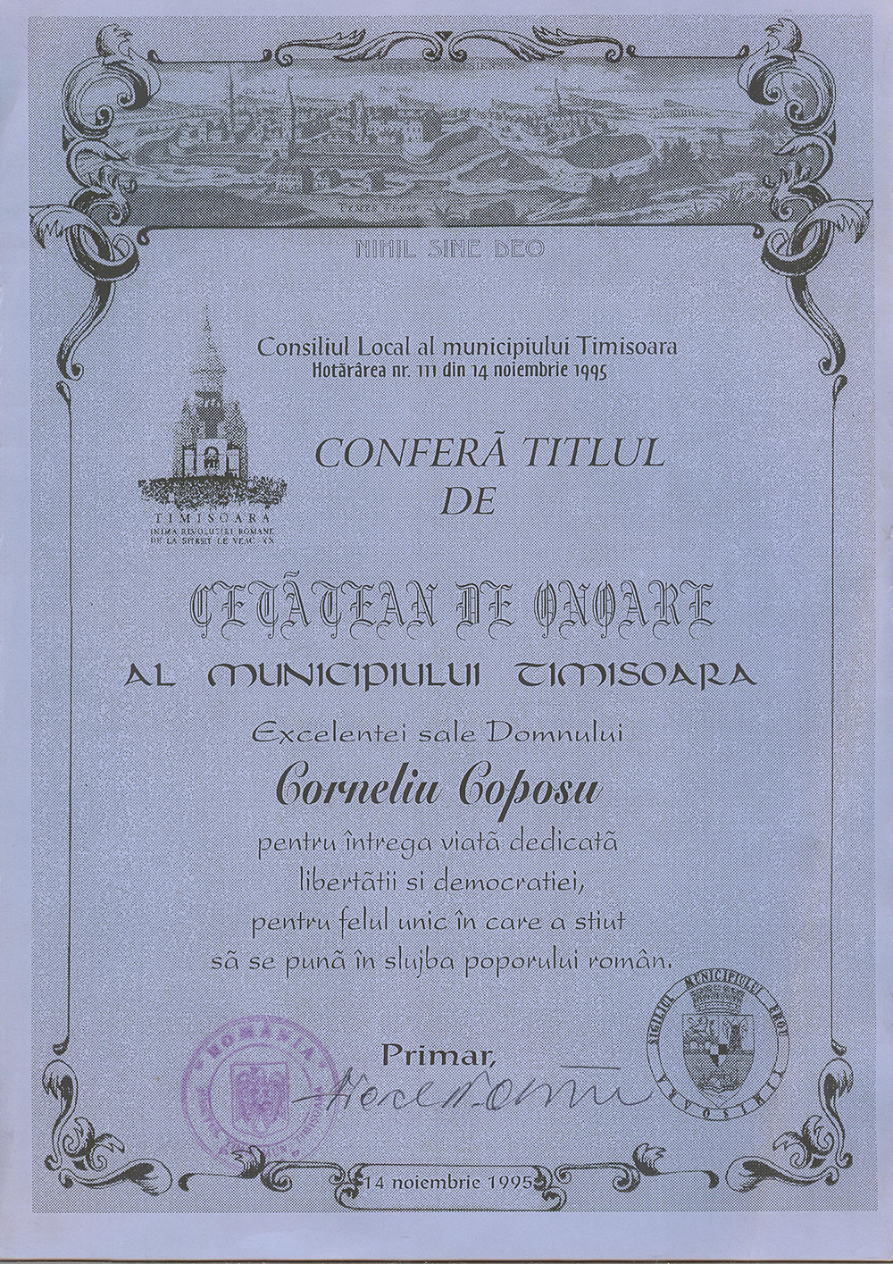 Cetățean de Onoare al Municipiului Timișoara