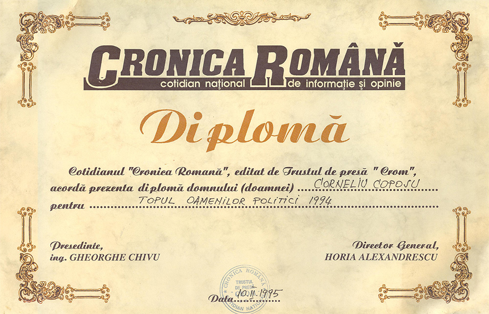 Diplomă Cronica Română - Topul Oamenilor Politici 1994