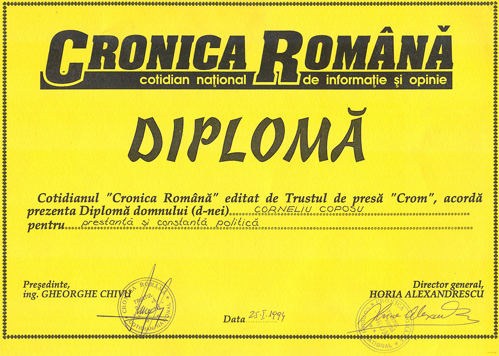 Diplomă Cronica Română pentru prestanță și constanță politică