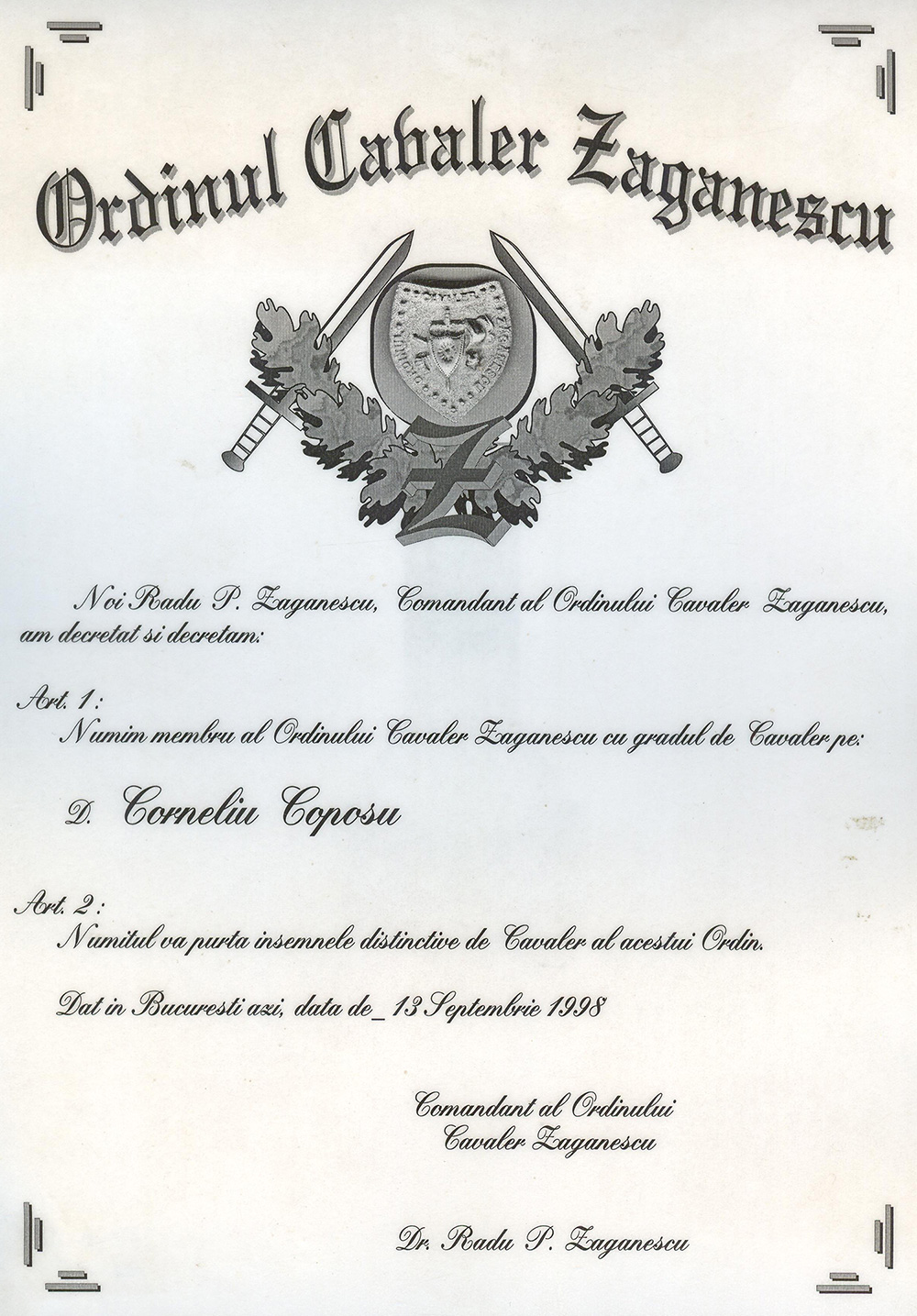Ordinul Cavaler Zaganescu - 13 septembrie 1998