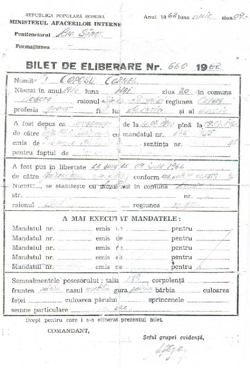 Bilet de eliberare din Penitenciarul Rm. Sărat nr. 660 - 1962