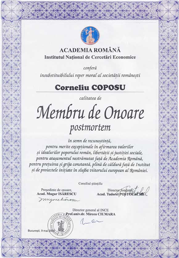 Diploma - Corneliu Coposu, fellowship of the academy
