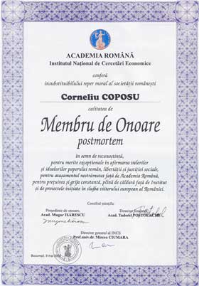 Diplomă - Corneliu Coposu, membru de onoare al Academiei Române