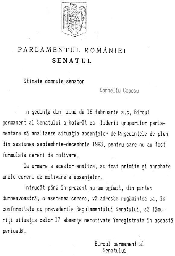 Biroul Permanent al Senatului către Corneliu Coposu 16 februarie