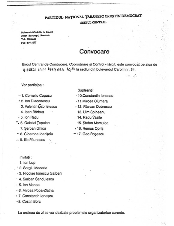Convocare: Biroul Central de Conducere, Coordonare şi Control - lărgit - 11.11.1994