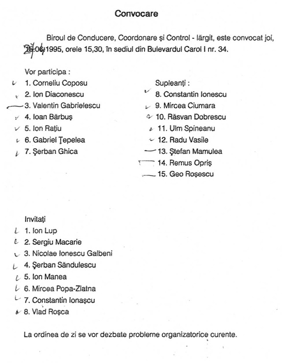 Convocare: Biroul de Conducere, Coordonare şi Control - lărgit - 27.04.1995