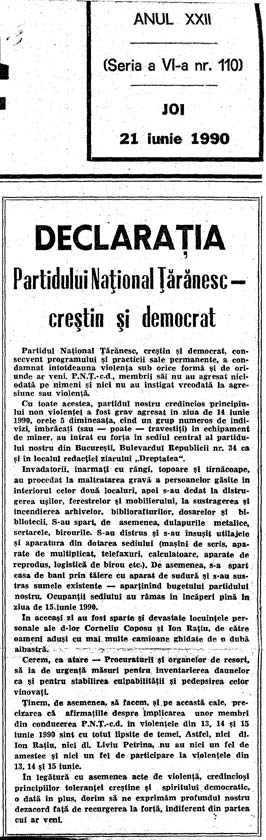DECLARAŢIA Partidului Naţional Ţărănesc - creştin şi democrat - JOI 21 Iunie 1990