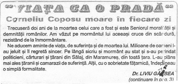 Viaţa ca o pradă - Corneliu Coposu moare în fiecare zi, Dr. Liviu Gîrbea, Sălajul Orizont, 14 mai 1999